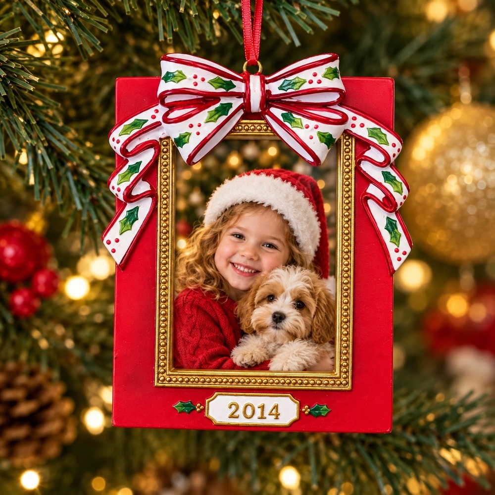 Macy's 2014 Christmas Photo Frame Ornament Red Holly Bow 2.5x3.5 NWT